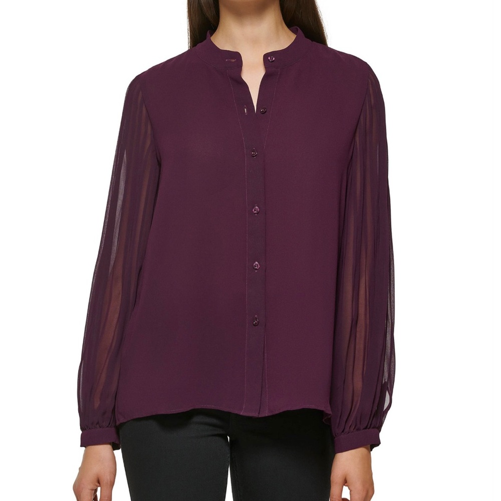 Calvin Klein Chiffon Banded Collar Pleated Long Sleeve Button Front Blouse
